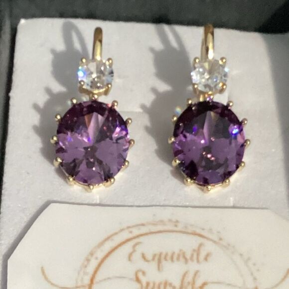 💜Elegant 10k Gold Vermeil Oval Cut Purple Amethyst Cz Diamond Hook Drop Earrings - Picture 10 of 16